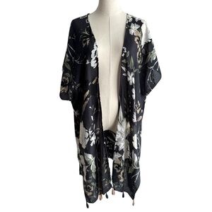 North Boheme Longline Floral Kimono O/S Dark Romantic Bohemian Tassel Wrap Shawl